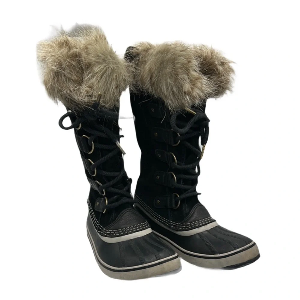 Sorel Sz 7 Black and Tan Winter‎ Boots with Faux Fur Trim